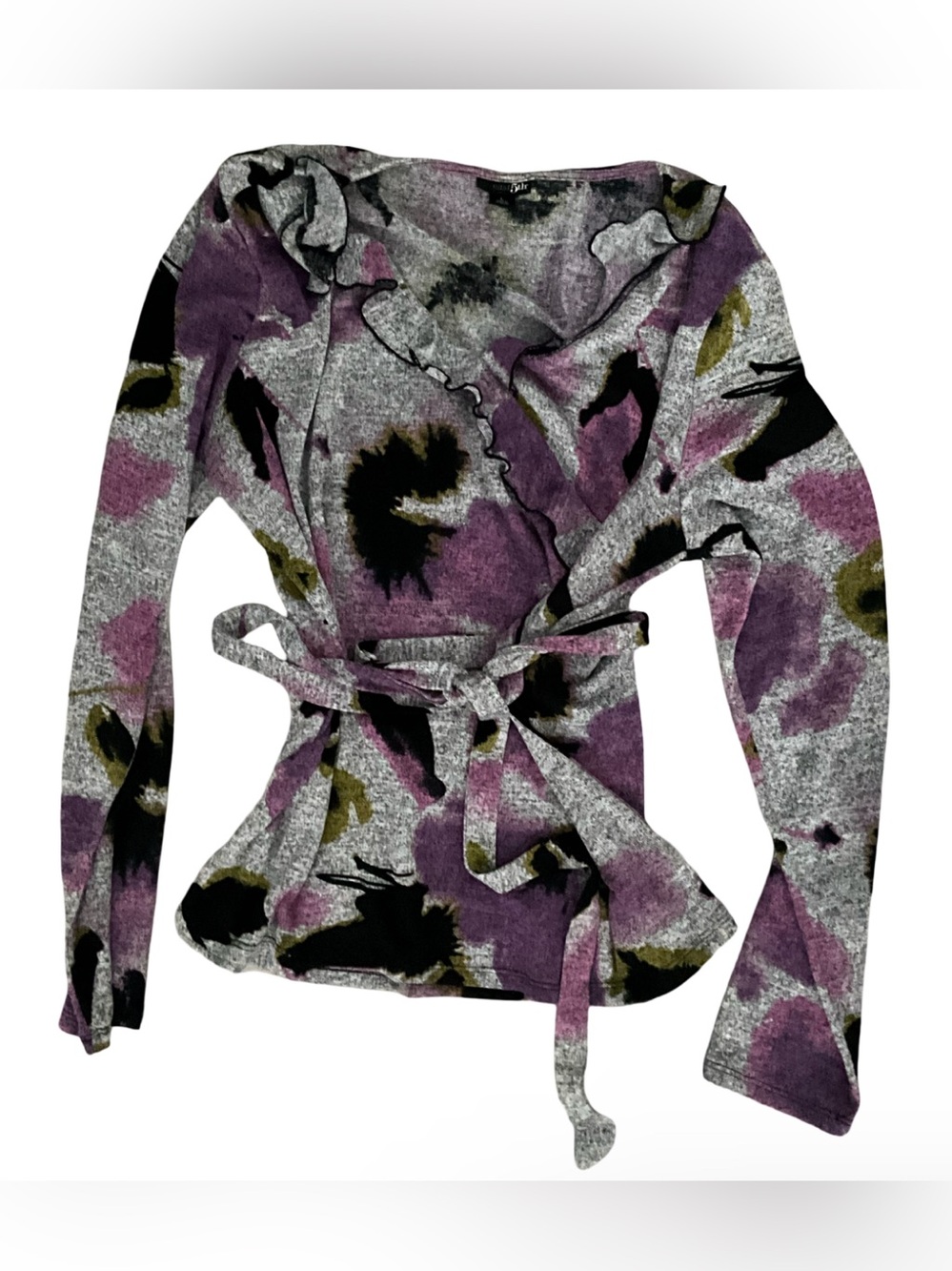 East 5th Floral Ruffle Wrap Top Tie Waist Long Sleeve Knit Blouse Size L